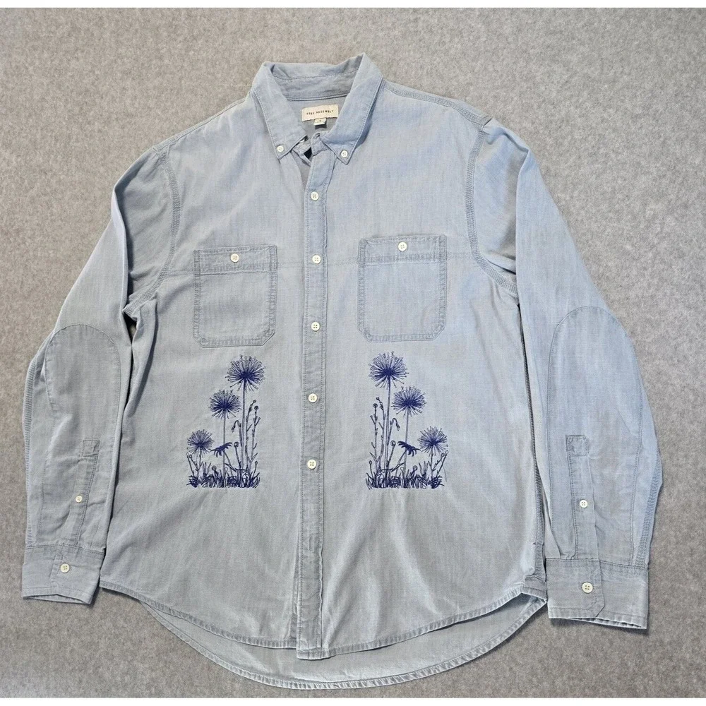 Free‎ Assembly Button Down Shirt Womens L Blue Floral Embroidered Cottagecore